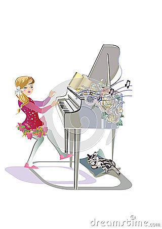 Musical design with a beautiful little girl singer playing the piano. Vector Illustration